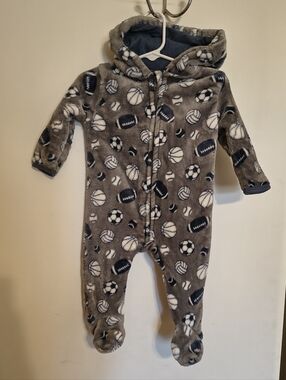 Toddler Hooded Fuzzy One-Piece Pajamas in Gray Sports Ball Print